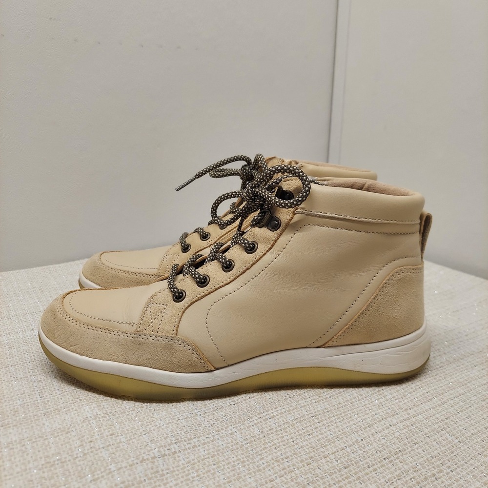 Vionic Whitley Cream Tan Leather Suede High Top Zip Sneakers Womens 10 Orthotic